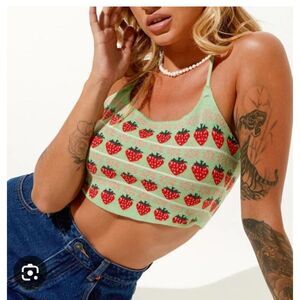 Motel Roe Crop Top in Mint String Of Strawberries Size XS